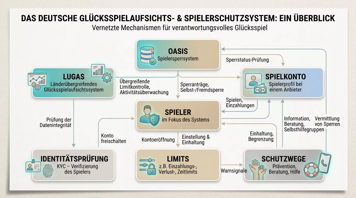 Schema mit OASIS, LUGAS, Spielkonto und Schutzregeln